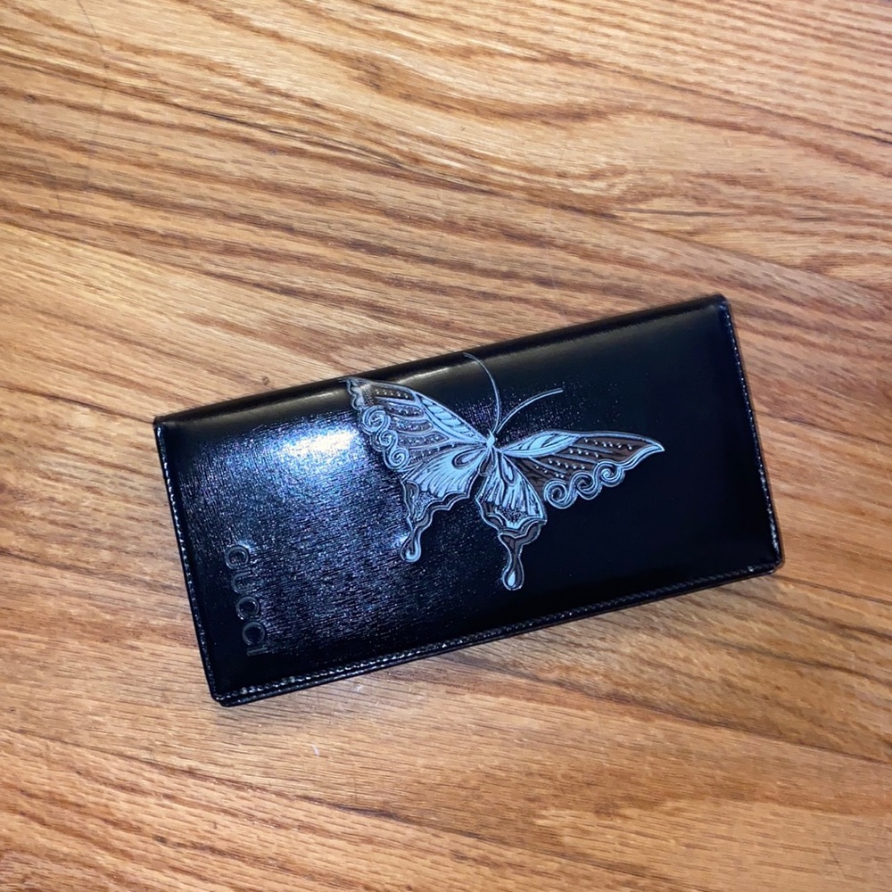 Vintage Black Wallet with White and Tan Butterfly Design